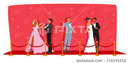 Elegant Red Carpet Event With Glamorous Attendees Posing And Interacting. Vector Scene Evokes Feelings Of Celebration 116545816