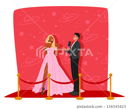 Elegant Female Celebrity Character In A Pink Gown Is Being Interviewed By A Male Reporter On The Red Carpet, Vector Elegant Female Celebrity Character In A Pink Gown Is Being Interviewed By A Male Reporter On The Red Carpet, Vector 116545823