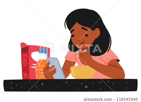 Young Black Girl Using A Smartphone While Having Breakfast At The Table. Child Character Is Enjoying Her Meal Young Black Girl Using A Smartphone While Having Breakfast At The Table. Child Character Is Enjoying Her Meal 116545840