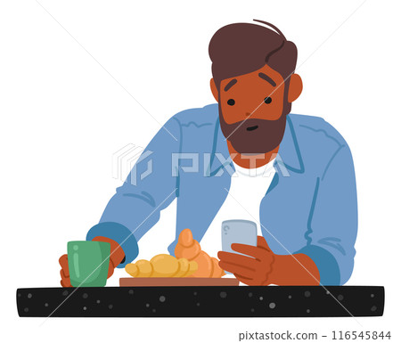 Man Using His Smartphone While Having Breakfast Alone. Character Holding A Cup And Sitting At A Table Man Using His Smartphone While Having Breakfast Alone. Character Holding A Cup And Sitting At A Table 116545844
