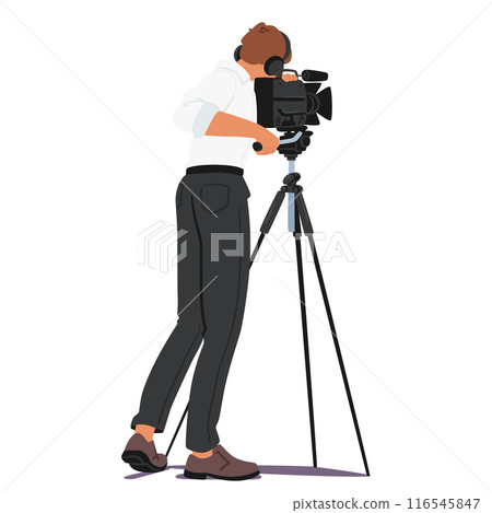 Cameraman Using Professional Video Camera Mounted On A Tripod. Male Figure Is Wearing Casual Clothing 116545847