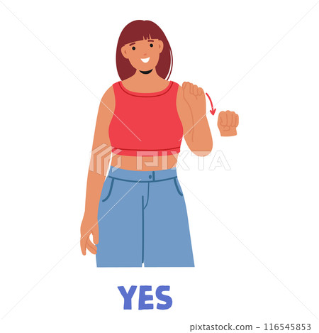 Smiling Woman Demonstrating Sign For Yes In Sign Language. Cartoon Vector Image Emphasizes Communication And Inclusion 116545853