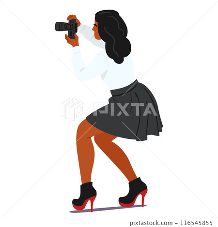 Professional Female Photographer With A Dslr Camera In Action, Focusing On Capturing The Perfect Shot 116545855