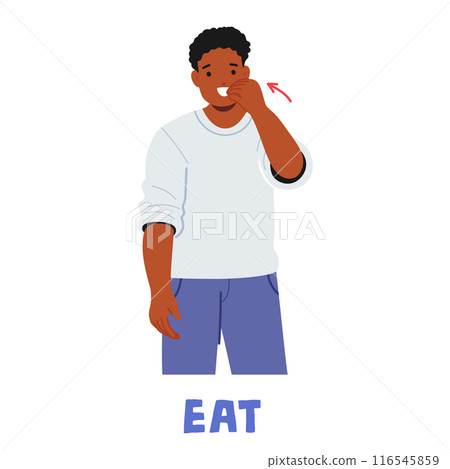 Man Demonstrating American Sign Language Sign For Eat. Character Pointing On Mouth With A Hand To Signify The Action 116545859