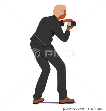 Male Photographer Character In Black Suit Taking Pictures With Camera. Vector Image Showcases The Focused Stance Male Photographer Character In Black Suit Taking Pictures With Camera. Vector Image Showcases The Focused Stance 116545860