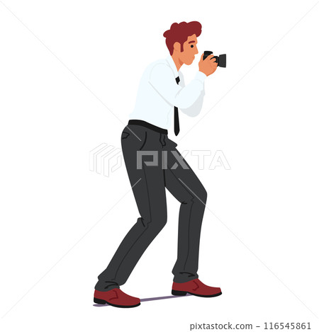 Professional Photographer Character In Action, Capturing Photo With His Camera, Cartoon Vector Illustration Professional Photographer Character In Action, Capturing Photo With His Camera, Cartoon Vector Illustration 116545861