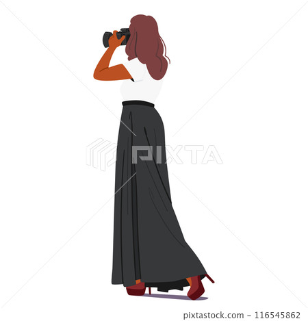 Stylish Woman In A Long Black Skirt And White Top Taking Photographs With A Camera. Cartoon Vector Image Stylish Woman In A Long Black Skirt And White Top Taking Photographs With A Camera. Cartoon Vector Image 116545862