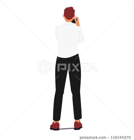 Person Standing And Taking A Photo With Camera, Rear View. Male Character Dressed In A White Shirt And Black Pants 116545870