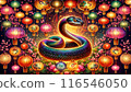 vibrant snake illuminated by bursts of colorful fireworks, slithers through festive night sky filled with glowing orbs and clouds. sense of celebration and excitement during the Chinese New Year. 116546050
