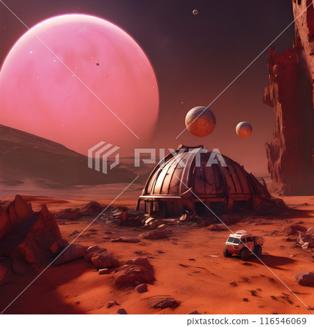 Futuristic Mars Colony with Dome and Rover Under Pink Sky 116546069