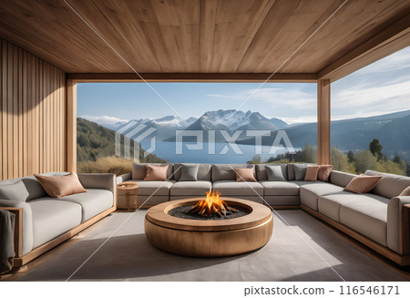 Luxurious Outdoor Seating with Mountain Lake View and Central Fire Pit 116546171