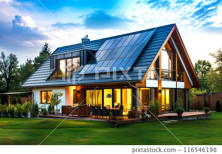 Green energy house with A-frame roof design, featuring large glass windows and solar panels on the roof. The house creating eco-friendly and sustainable living space during dusk 116546198