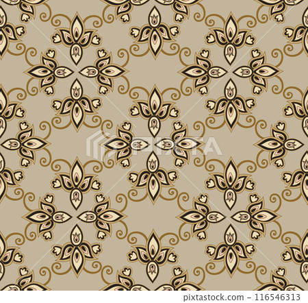 Arabesque floral seamless pattern. Flourish ornamental texture in classical interior decor style. Floral tile background. Asian ornament with fantastic flowers and leaves. Wonderland motives of 116546313