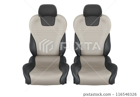 Two leather bucket seats, car seats. Front view. 3D rendering Two leather bucket seats, car seats. Front view. 3D rendering 116546326