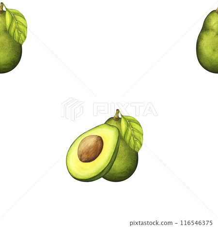 Watercolor Avocado. Watercolor hand drawn botanical illustration. Vegetarian fruit. Half avocado. Slices of green avocado. Seamless pattern 116546375