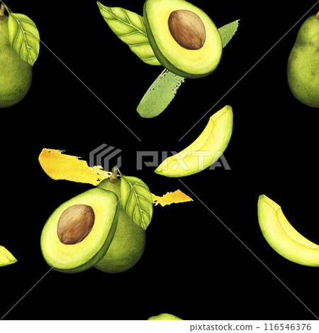 Watercolor Avocado. Watercolor hand drawn botanical illustration. Vegetarian fruit. Half avocado. Slices of green avocado. Seamless pattern Watercolor Avocado. Watercolor hand drawn botanical illustration. Vegetarian fruit. Half avocado. Slices of green avocado. Seamless pattern 116546376