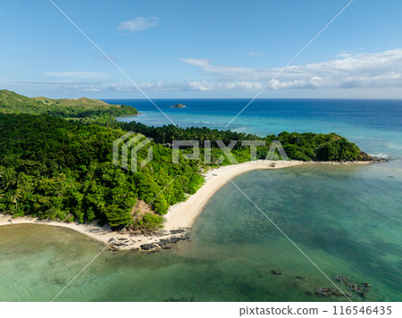 Tropical sandy beach with clear turquoise sea water. Santa Fe, Tablas, Romblon. Philippines. Tropical sandy beach with clear turquoise sea water. Santa Fe, Tablas, Romblon. Philippines. 116546435