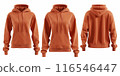 Orange hoodie front and back view with pockets and hood, isolated on white background - fashion apparel concept 116546447