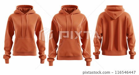 Orange hoodie front and back view with pockets and hood, isolated on white background - fashion apparel concept Orange hoodie front and back view with pockets and hood, isolated on white background - fashion apparel concept 116546447