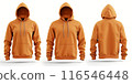 Orange hoodie front and back view with pockets and hood, isolated on white background - fashion apparel concept 116546448