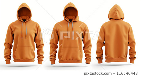 Orange hoodie front and back view with pockets and hood, isolated on white background - fashion apparel concept Orange hoodie front and back view with pockets and hood, isolated on white background - fashion apparel concept 116546448