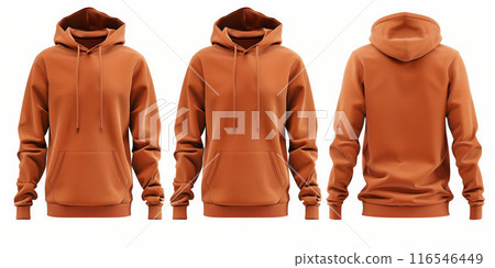 Orange hoodie front and back view with pockets and hood, isolated on white background - fashion apparel concept Orange hoodie front and back view with pockets and hood, isolated on white background - fashion apparel concept 116546449