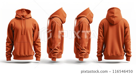 Orange hoodie front and back view with pockets and hood, isolated on white background - fashion apparel concept Orange hoodie front and back view with pockets and hood, isolated on white background - fashion apparel concept 116546450