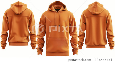 Orange hoodie front and back view with pockets and hood, isolated on white background - fashion apparel concept Orange hoodie front and back view with pockets and hood, isolated on white background - fashion apparel concept 116546451