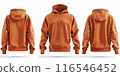 Orange hoodie front and back view with pockets and hood, isolated on white background - fashion apparel concept 116546452