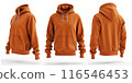 Orange hoodie front and back view with pockets and hood, isolated on white background - fashion apparel concept 116546453