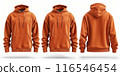 Orange hoodie front and back view with pockets and hood, isolated on white background - fashion apparel concept 116546454