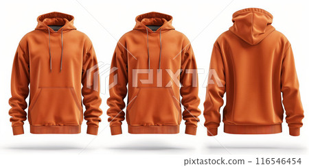 Orange hoodie front and back view with pockets and hood, isolated on white background - fashion apparel concept Orange hoodie front and back view with pockets and hood, isolated on white background - fashion apparel concept 116546454