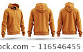 Orange hoodie front and back view with pockets and hood, isolated on white background - fashion apparel concept 116546455