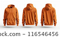 Orange hoodie front and back view with pockets and hood, isolated on white background - fashion apparel concept 116546456