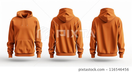 Orange hoodie front and back view with pockets and hood, isolated on white background - fashion apparel concept Orange hoodie front and back view with pockets and hood, isolated on white background - fashion apparel concept 116546456