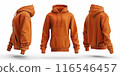 Orange hoodie front and back view with pockets and hood, isolated on white background - fashion apparel concept 116546457