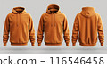 Orange hoodie front and back view with pockets and hood, isolated on white background - fashion apparel concept 116546458