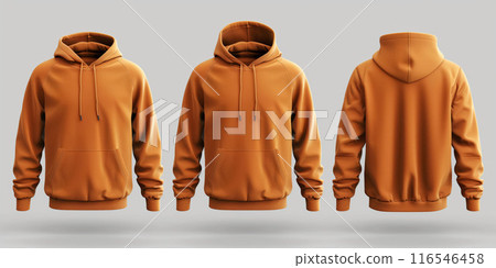Orange hoodie front and back view with pockets and hood, isolated on white background - fashion apparel concept Orange hoodie front and back view with pockets and hood, isolated on white background - fashion apparel concept 116546458