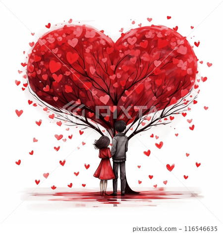 Loving couple stands beneath a beautiful red-leaved heart-shaped tree, symbolizing the enduring beauty and depth of their love in the embrace of nature. AI Generated 116546635