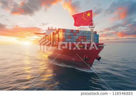 A Chinese Cargo Ship Sails Towards the Setting Sun, Loaded With Containers A Chinese Cargo Ship Sails Towards the Setting Sun, Loaded With Containers 116546883
