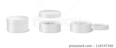 Round boxes with closed and open lids. Rounded containers for gifts or hats, cosmetics or medicine, sweets or cookies. Silver cylindrical tin or cardboard packages. Vector realistic illustration 116547166