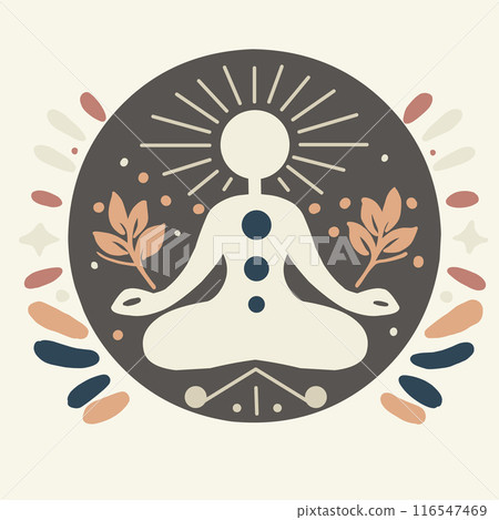 Round yoga illustration with plants and graphic elements. Concept of concentration, tranquility and harmony. Yogi in lotus pose icon. Colourful Round yoga illustration with plants and graphic elements. Concept of concentration, tranquility and harmony. Yogi in lotus pose icon. Colourful 116547469