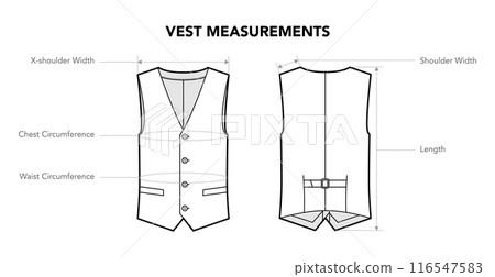 Set of Vest measurements, diagram with names - length, Circumference styles technical fashion illustration. Flat apparel Set of Vest measurements, diagram with names - length, Circumference styles technical fashion illustration. Flat apparel 116547583