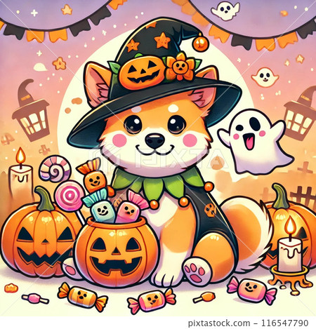 A dog dressed up as a witch and enjoying Halloween 116547790
