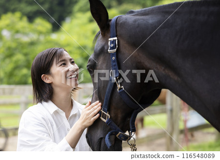Woman interacting with a horse Woman interacting with a horse 116548089