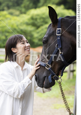 Woman interacting with a horse Woman interacting with a horse 116548095