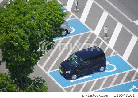 Car parked in a handicapped parking space, high angle 116548101