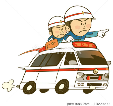 Illustration material of an ambulance and the paramedics riding on it 116548458
