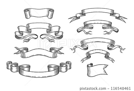 Set of different ribbons. Design icons for greeting cards, banners, invitations. Hand drawn design Set of different ribbons. Design icons for greeting cards, banners, invitations. Hand drawn design 116548461