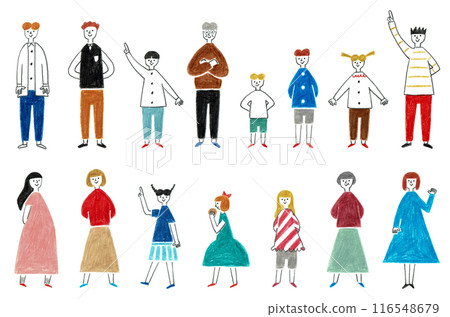 Hand-drawn illustrations of women and men of various ages 116548679